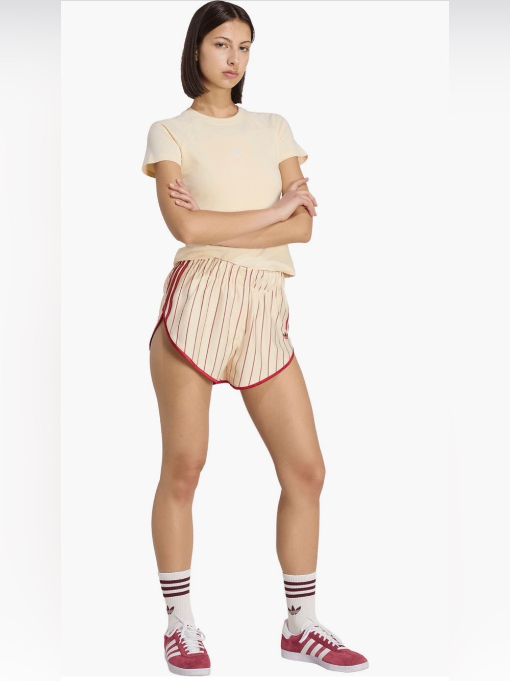 adidas Cream Pinstripe Athletic Shorts with Red Trim - Picture 7 of 8